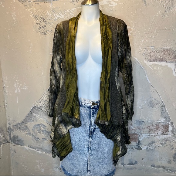 Ania A vintage open front asymmetrical cardigan, S green brown, earthy, - Picture 2 of 12